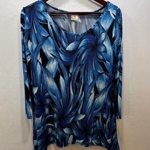 EBUH Elegant Blue & Black Floral Stretchy Comfort Relaxed Fit Tunic Size XL